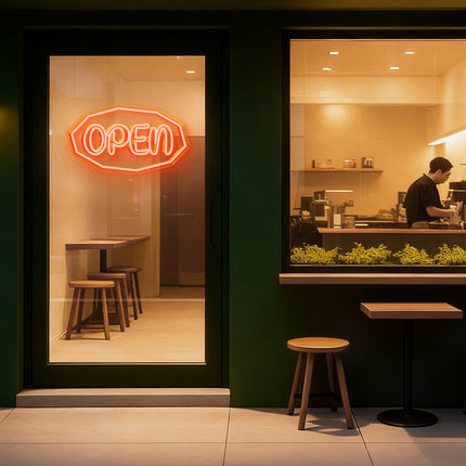 Golden Yellow Polygonal Outline "OPEN" Neon Sign