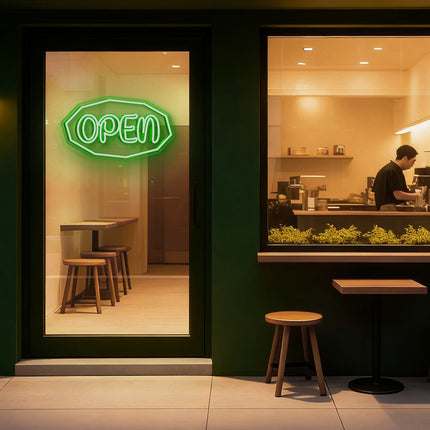 Green Polygonal Outline "OPEN" Neon Sign