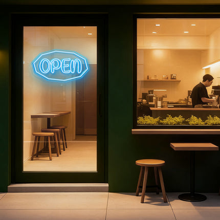 Ice Blue Polygonal Outline "OPEN" Neon Sign