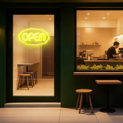 Lemon Yellow Polygonal Outline "OPEN" Neon Sign