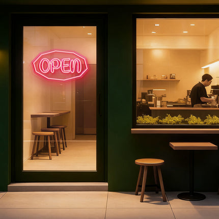 Light Pink Polygonal Outline "OPEN" Neon Sign