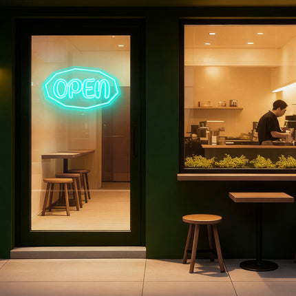 Mint Polygonal Outline "OPEN" Neon Sign