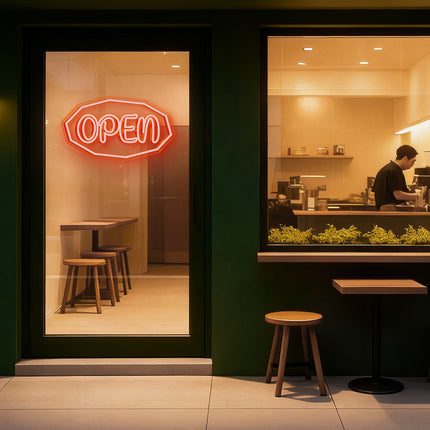 Orange Polygonal Outline "OPEN" Neon Sign