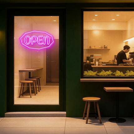 Pink Polygonal Outline "OPEN" Neon Sign