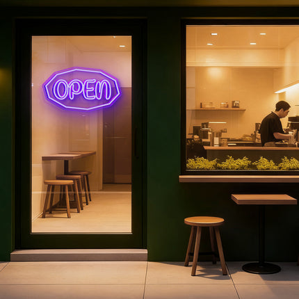 Purple Polygonal Outline "OPEN" Neon Sign