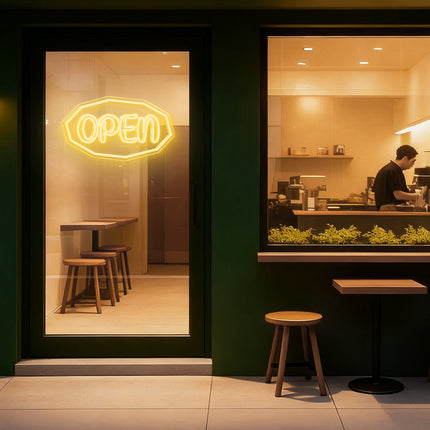 Warm White Polygonal Outline "OPEN" Neon Sign