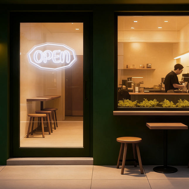White Polygonal Outline "OPEN" Neon Sign