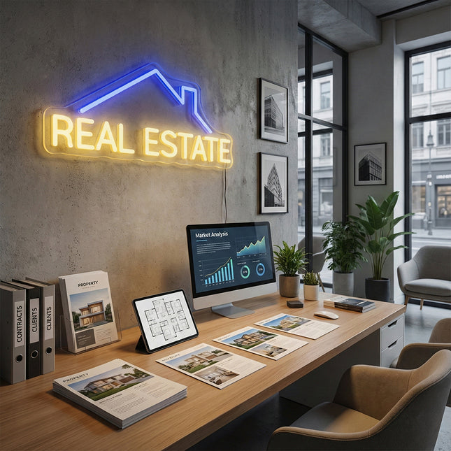 Blue & Warm White Real Estate & Roof Neon Sign