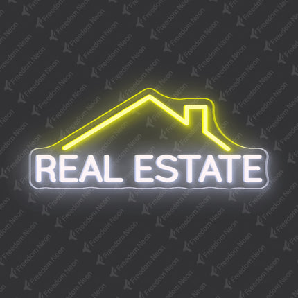 Lemon Yellow & White Real Estate & Roof Neon Sign