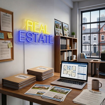 Lemon Yellow & Blue REAL ESTATE text Neon Sign