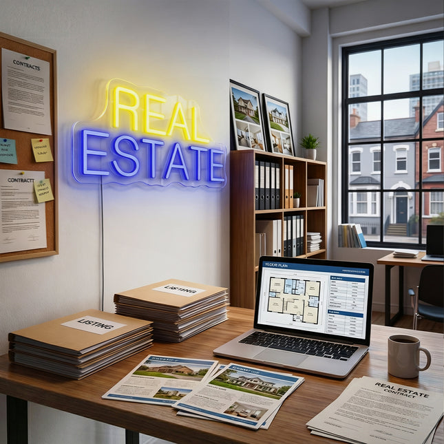 Lemon Yellow & Blue REAL ESTATE text Neon Sign