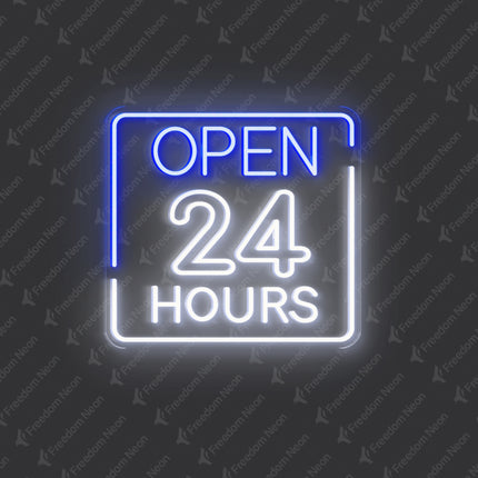 Blue Rectangular Open 24 Hours Neon Sign