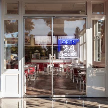 Blue Rectangular Open 24 Hours Neon Sign