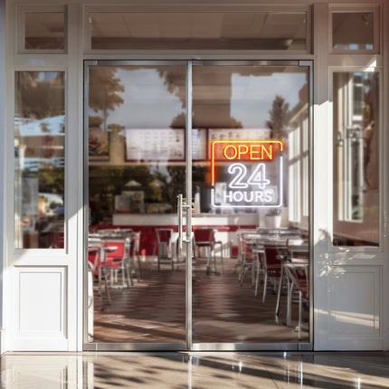 Golden Yellow Rectangular Open 24 Hours Neon Sign
