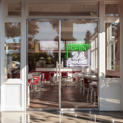 Green Rectangular Open 24 Hours Neon Sign