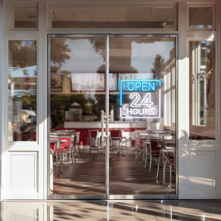 Ice Blue Rectangular Open 24 Hours Neon Sign