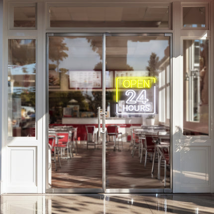 Lemon Yellow Rectangular Open 24 Hours Neon Sign