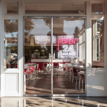 Light Pink Rectangular Open 24 Hours Neon Sign