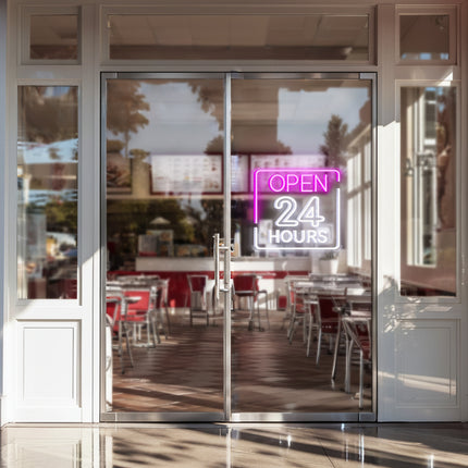 Pink Rectangular Open 24 Hours Neon Sign