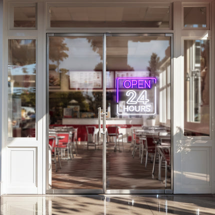 Purple Rectangular Open 24 Hours Neon Sign