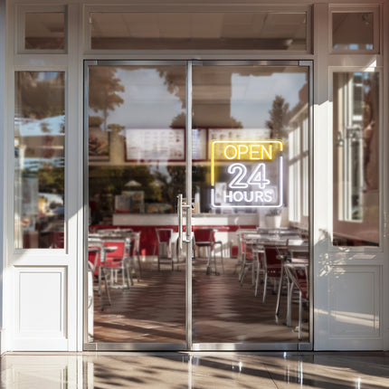 Warm White Rectangular Open 24 Hours Neon Sign