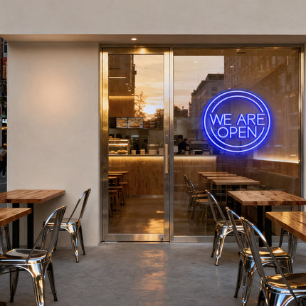 Blue Round "We Are OPEN" Neon Sign