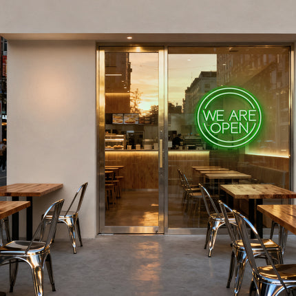 Green Round "We Are OPEN" Neon Sign