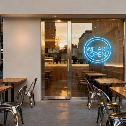 Ice Blue Round "We Are OPEN" Neon Sign