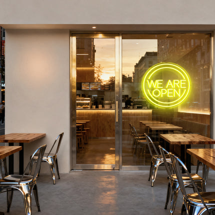 Lemon Yellow Round "We Are OPEN" Neon Sign