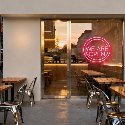 Light Pink Round "We Are OPEN" Neon Sign