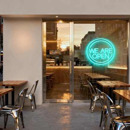 Mint Round "We Are OPEN" Neon Sign