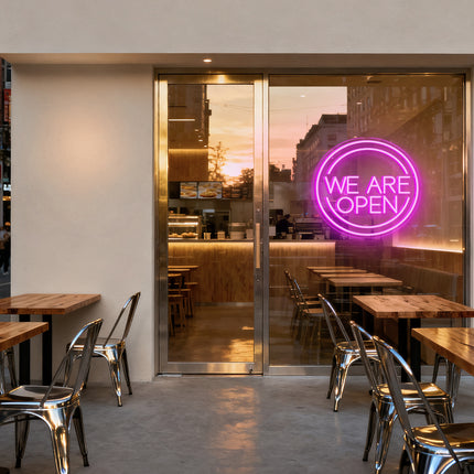 Pink Round "We Are OPEN" Neon Sign