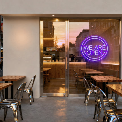 Purple Round "We Are OPEN" Neon Sign