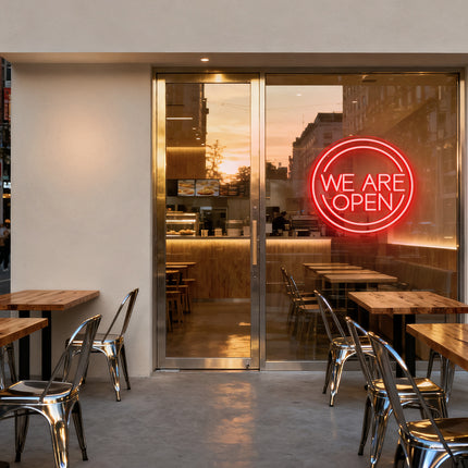 Red Round "We Are OPEN" Neon Sign