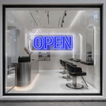 Scissors Frame & Blue Open Neon Sign