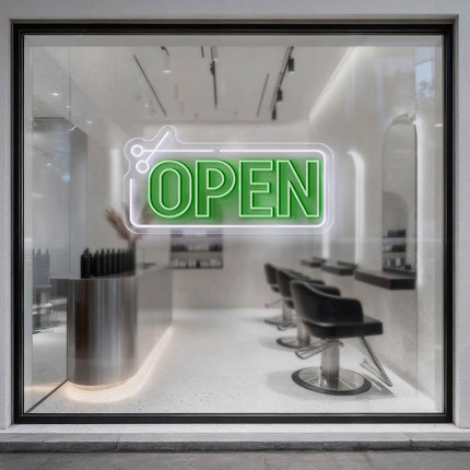 Scissors Frame & Green Open Neon Sign