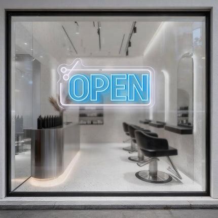 Scissors Frame & Ice Blue Open Neon Sign