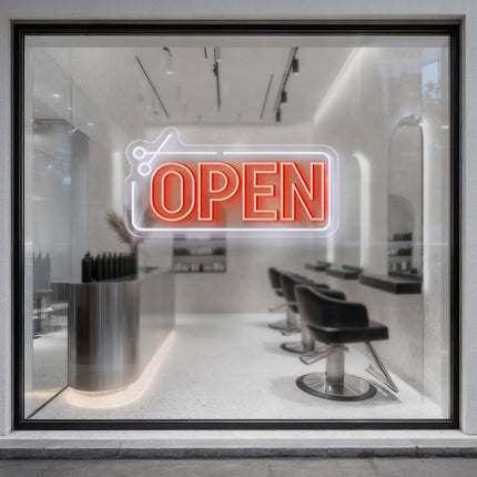 Scissors Frame & Orange Open Neon Sign
