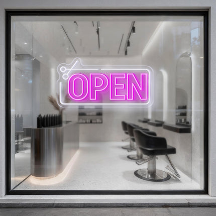 Scissors Frame & Pink Open Neon Sign