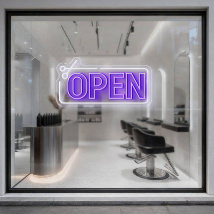 Scissors Frame & Purple Open Neon Sign