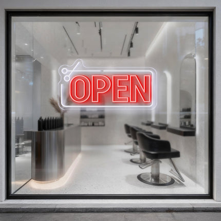 Scissors Frame & Red Open Neon Sign