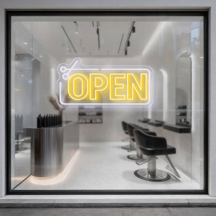 Scissors Frame & Warm White Open Neon Sign