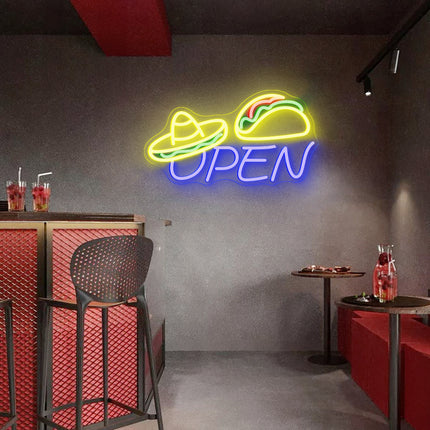 Blue Sombrero Hat Taco Open Neon Sign