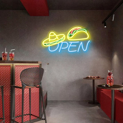 Ice Blue Sombrero Hat Taco Open Neon Sign