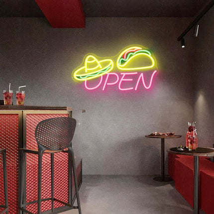 Light Pink Sombrero Hat Taco Open Neon Sign