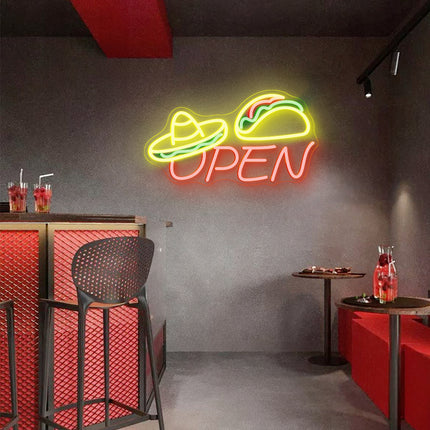 Orange Sombrero Hat Taco Open Neon Sign