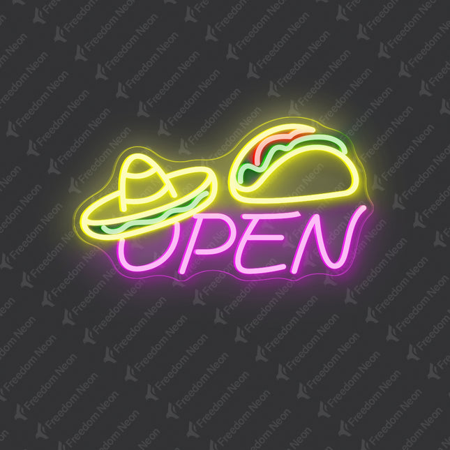 Pink Sombrero Hat Taco Open Neon Sign