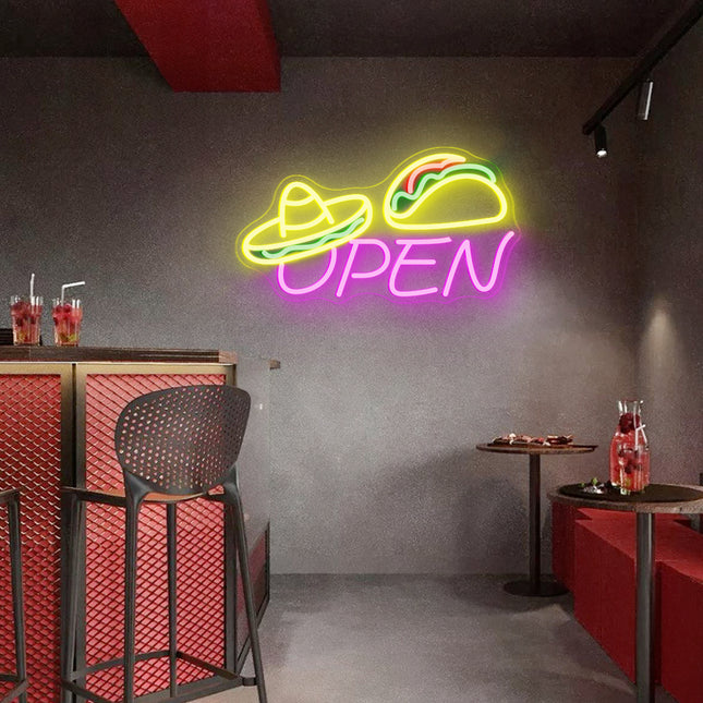 Pink Sombrero Hat Taco Open Neon Sign