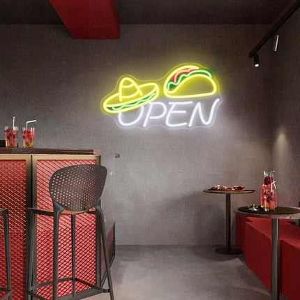 White Sombrero Hat Taco Open Neon Sign