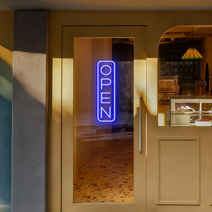 Blue "Vertical OPEN" Neon Sign